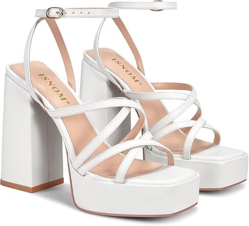 ISNOM Platform Chunky Heels for Women, Block Heel Sandals with Open Square Toe and Ankle Strap in Saudi Arabia