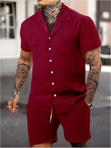 GORGLITTER Men's 2 Piece Outfits Short Sleeve Pocket Button Down Shirt and Drawstring Shorts Set in Kuwait