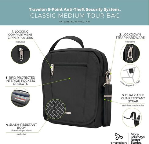 Travelon Anti-Theft Classic Medium Tour Bag, Black, 9.5" x 11" x 3" in Kuwait
