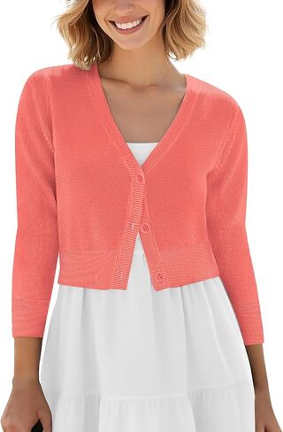Urban CoCo Women's Cropped Cardigan V-Neck Button Down Knitted Sweater 3/4 Sleeve in Kuwait