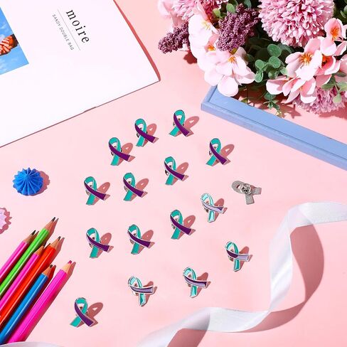 Batiyeer 100 Pcs Suicide Prevention Awareness Ribbon Pin Bulk Purple Teal Ribbon Lapel Pins Sexual Assault Awareness Pin for Women Man Public Charity Campaign Supplies in Kuwait