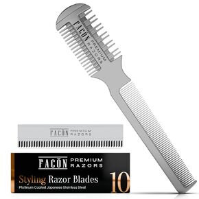Facón المهنية الحلاقة الشعر مشط قطع التصميم ترقق التركيب المزدوج حافة المشكل الحلاقة + 10 شفرات بديلة in Kuwait