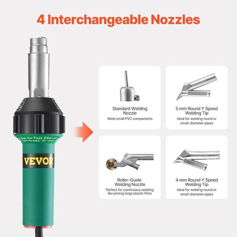 VEVOR Hot Air Plastic Welder, 1600W Hot Air Torch Pistol, 122-1112℉ PVC TPO Vinyl Heat Gun Welding Torch, Plastic Roofing Welding Kit with 11 Accessories- Toolbox, Nozzle, Roller, Blades for PP/PE/PVC in Saudi Arabia