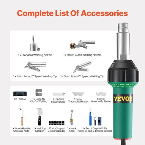 VEVOR Hot Air Plastic Welder, 1600W Hot Air Torch Pistol, 122-1112℉ PVC TPO Vinyl Heat Gun Welding Torch, Plastic Roofing Welding Kit with 11 Accessories- Toolbox, Nozzle, Roller, Blades for PP/PE/PVC in Saudi Arabia