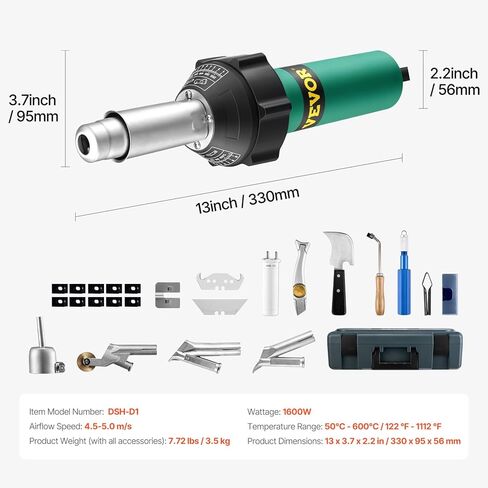 VEVOR Hot Air Plastic Welder, 1600W Hot Air Torch Pistol, 122-1112℉ PVC TPO Vinyl Heat Gun Welding Torch, Plastic Roofing Welding Kit with 11 Accessories- Toolbox, Nozzle, Roller, Blades for PP/PE/PVC in Saudi Arabia