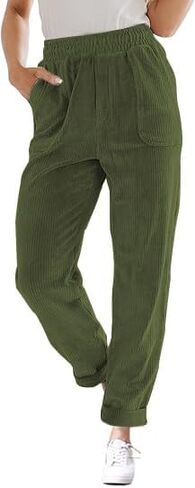 Corduroy Pants for Women Elastic High Waist Pull On Straight Leg Slacks Casual Fall Trousers with Pockets in Kuwait