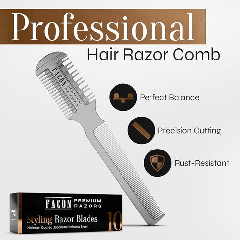 Facón المهنية الحلاقة الشعر مشط قطع التصميم ترقق التركيب المزدوج حافة المشكل الحلاقة + 10 شفرات بديلة in Kuwait