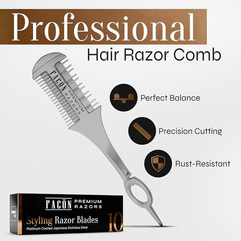 Facón المهنية الحلاقة الشعر مشط قطع التصميم ترقق التركيب المزدوج حافة المشكل الحلاقة + 10 شفرات بديلة in Kuwait
