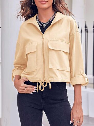 Tankaneo Women Casual Cropped Jackets Zip Up Lightweight Military Safari Short Utility Coat with Pockets in Saudi Arabia