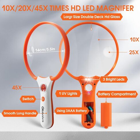 Large Magnifying Glass with Light, Magnifier 10X 20X 45X Handheld Illuminated Lighted Magnifier with 3 LED Lights 1UV Light Storage Bag Clean Cloth for Seniors Reading Inspection in Saudi Arabia