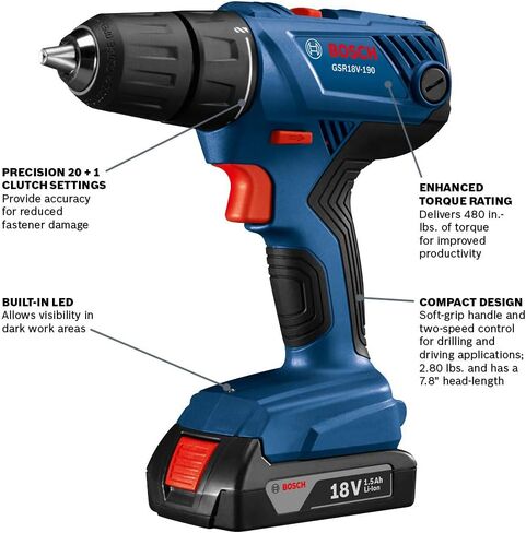 Bosch GSR18V-190B22 18V Compact 1/2" Drill/Driver Kit with (2) 1.5 Ah Slim Pack Batteries in Kuwait