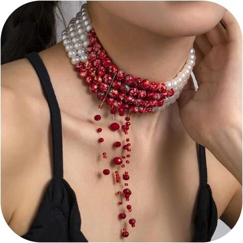 Blood Pearl Necklace for Women Blood Necklace Vampire Costume Jewelry Dripping Bloody Choker Necklaces Pearl Choker Halloween Party Costume in Saudi Arabia