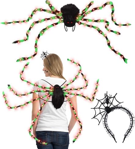 XunYee 3 Pcs Halloween Plush Spider Costume Spider Costume Women Include Plush Spider Costume with Purple Led Lights Spider Hair Hoop Spider Web Temporary Tattoos Stickers Adult Halloween Accessory in Kuwait