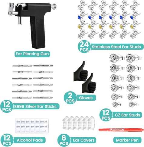 Self Ear Piercing Gun Kit with 12Pairs of CZ Ear Stud Piercing Tools with Multi-Purpose Ear Gun for Salon and Home Use in Saudi Arabia