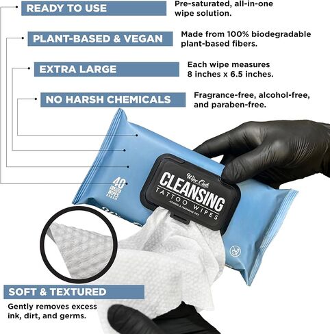 Wipe Outz Cleansing Tattoo Wipes for During Tattooing & Tattoo After Care, All in One Tattoo Cleaning Wipes to Clean Skin, Alcohol Free Tattoo Green Soap Wipes for Tattooing, 40-Count (1 Pack) in Saudi Arabia