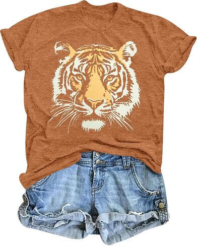 Tiger Shirt Women Vintage Animal Graphic T-Shirt Casual Short Sleeve Crewneck Tee Summer Loose Fit Tops in Kuwait
