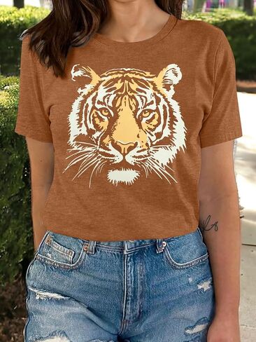 Tiger Shirt Women Vintage Animal Graphic T-Shirt Casual Short Sleeve Crewneck Tee Summer Loose Fit Tops in Kuwait