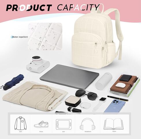 15.6 Inch Laptop Backpack Travel Quilted Casual Daypack for Women Water-Resistant Large Capacity Bag Pink in Saudi Arabia