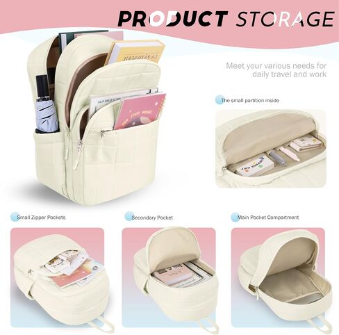 15.6 Inch Laptop Backpack Travel Quilted Casual Daypack for Women Water-Resistant Large Capacity Bag Pink in Saudi Arabia