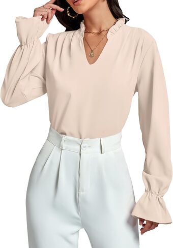 LYANER Women's Ruffle V Neck Solid Long Sleeve Chiffon Blouse Shirt Top in Saudi Arabia
