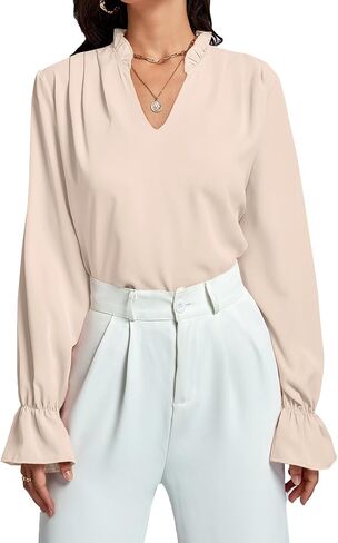 LYANER Women's Ruffle V Neck Solid Long Sleeve Chiffon Blouse Shirt Top in Saudi Arabia