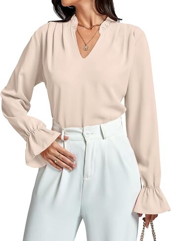 LYANER Women's Ruffle V Neck Solid Long Sleeve Chiffon Blouse Shirt Top in Saudi Arabia