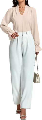 LYANER Women's Ruffle V Neck Solid Long Sleeve Chiffon Blouse Shirt Top in Saudi Arabia