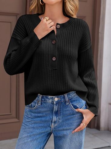 Saodimallsu Womens Henley Sweater Tops Fall Button Crew Neck Long Sleeve Trendy Loose Ribbed Knit Pullover Sweaters in Saudi Arabia