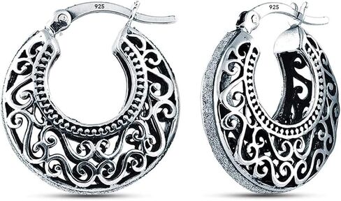 Charmsy 925 Sterling Silver Filigree Cut Click-Top Hoop Earrings for Women and Teens - Stylish and Lightweight Silver Jewelry in Kuwait