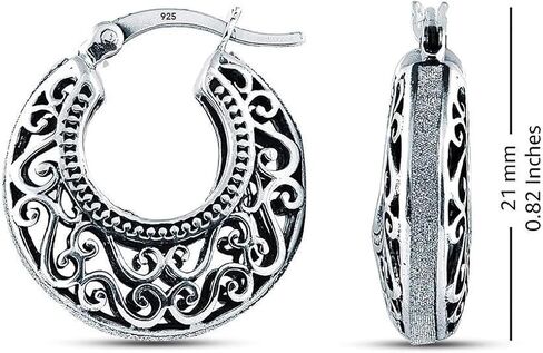Charmsy 925 Sterling Silver Filigree Cut Click-Top Hoop Earrings for Women and Teens - Stylish and Lightweight Silver Jewelry in Kuwait
