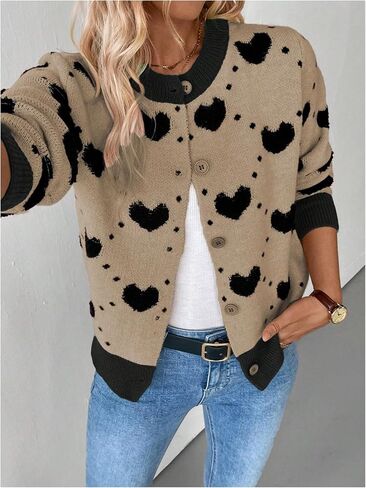 GORGLITTER Women's Color Block Button Up Sweater Cardigan Trendy Dressy Heart Long Sleeve Fall Knit Short Cardigan 2025 in Saudi Arabia