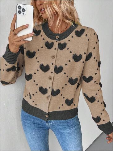 GORGLITTER Women's Color Block Button Up Sweater Cardigan Trendy Dressy Heart Long Sleeve Fall Knit Short Cardigan 2025 in Saudi Arabia