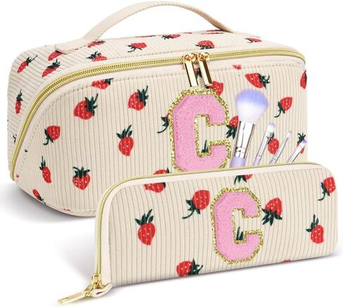 Personalized Cosmetic Bag, Inital Makeup Bag Birthday Gift Stuff Bag for Women Large Capacity Travel Make up Bag Pouch Cute Quilted Preppy Makeup Bag Gifts for Girls, Wife - S in Saudi Arabia