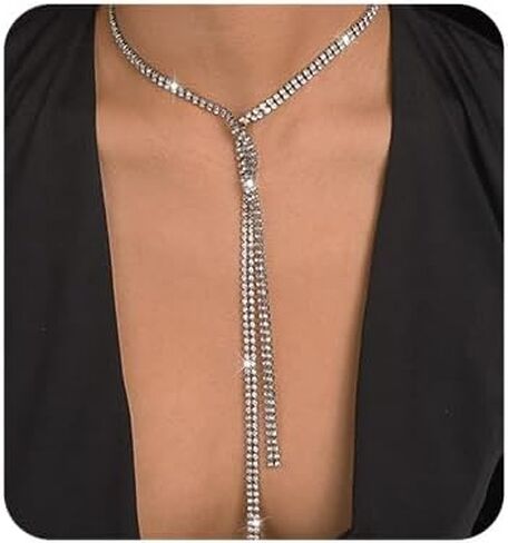 Missgrace Sexy Shiny Layered Y Long Choker Necklaces Rhinestone Necklace Chain Sparkly Crystal Necklace Jewelry for Women and Girls in Saudi Arabia