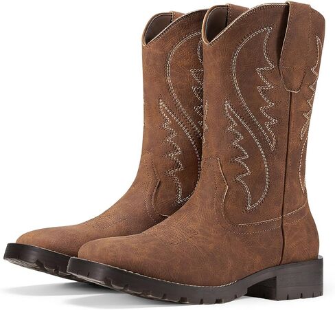 Rollda Cowboy Boots for Men Western Boots Men's Square Toe Chunky Heel Mid-Calf Boots Classic Embroidered Pull On Boots in Kuwait