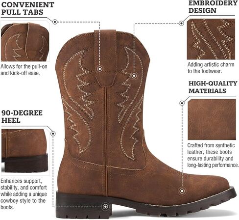 Rollda Cowboy Boots for Men Western Boots Men's Square Toe Chunky Heel Mid-Calf Boots Classic Embroidered Pull On Boots in Kuwait