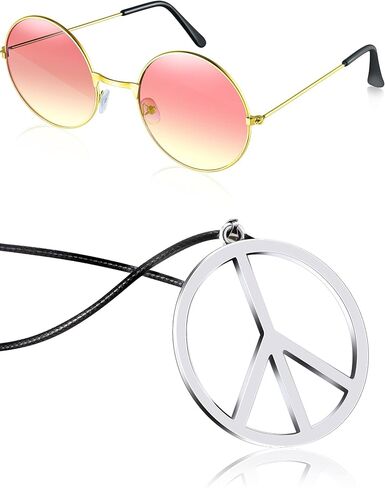 Tatuo Hippie Dressing Accessory Set Hippie Glasses and Peace Sign Necklace Pink Yellow in Saudi Arabia