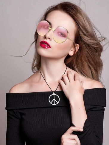 Tatuo Hippie Dressing Accessory Set Hippie Glasses and Peace Sign Necklace Pink Yellow in Saudi Arabia