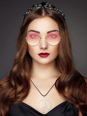Tatuo Hippie Dressing Accessory Set Hippie Glasses and Peace Sign Necklace Pink Yellow in Saudi Arabia