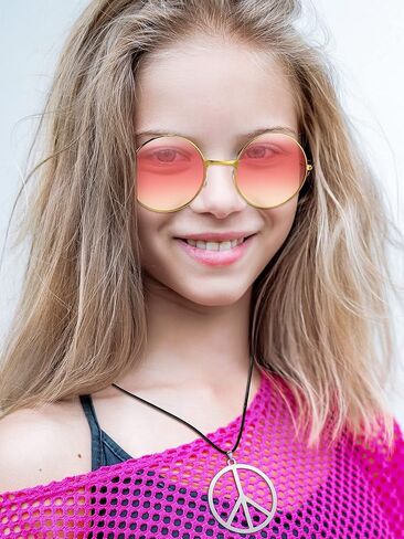 Tatuo Hippie Dressing Accessory Set Hippie Glasses and Peace Sign Necklace Pink Yellow in Saudi Arabia