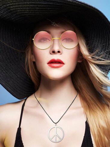 Tatuo Hippie Dressing Accessory Set Hippie Glasses and Peace Sign Necklace Pink Yellow in Saudi Arabia