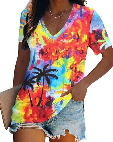 Women Tie Dye V-Neck Shirts Summer Vintage Tunic Tops Fashion Casual Swing Short Sleeve Shirts Blouse Soft Tee in Saudi Arabia