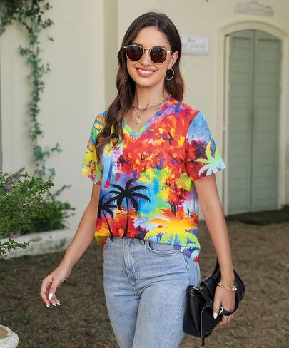 Women Tie Dye V-Neck Shirts Summer Vintage Tunic Tops Fashion Casual Swing Short Sleeve Shirts Blouse Soft Tee in Saudi Arabia