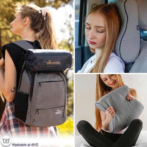 alkamto Travel & Camping Comfortable Memory Foam Pillow with Extra Cotton Cover – Easy to Carry Portable Bag – Temperature Regulating Pillow Case - Perfect for Travelling/Fishing/Backpacking/Hiking in Kuwait
