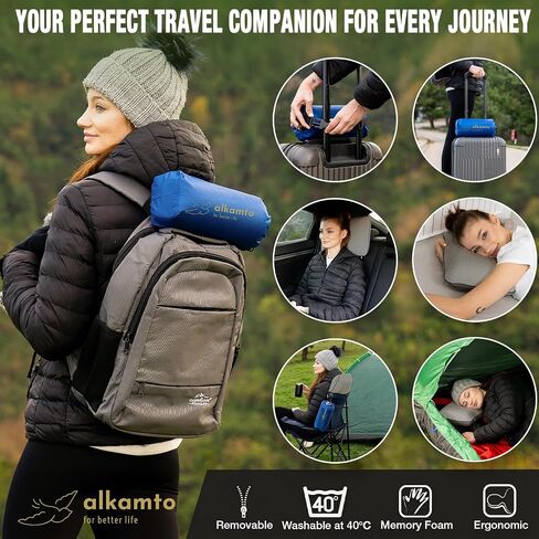 alkamto Travel & Camping Comfortable Memory Foam Pillow with Extra Cotton Cover – Easy to Carry Portable Bag – Temperature Regulating Pillow Case - Perfect for Travelling/Fishing/Backpacking/Hiking in Saudi Arabia