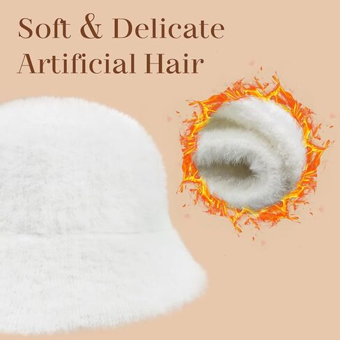 قبعة Phaiy Furry Bucket للفتيات والنساء، قبعة دلو شتوية بلون موحد، قبعة صياد من الفرو الصناعي المنفوش الدافئ in Kuwait