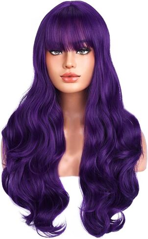 BERON 26 Inches Neon Green Wig Long Wavy Soft Synthetic Wig with Straight Bangs for Women Girls Wig Cap Included in Kuwait