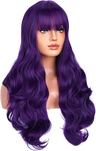 BERON 26 Inches Neon Green Wig Long Wavy Soft Synthetic Wig with Straight Bangs for Women Girls Wig Cap Included in Kuwait