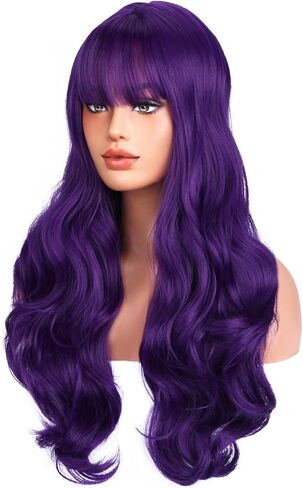 BERON 26 Inches Neon Green Wig Long Wavy Soft Synthetic Wig with Straight Bangs for Women Girls Wig Cap Included in Kuwait