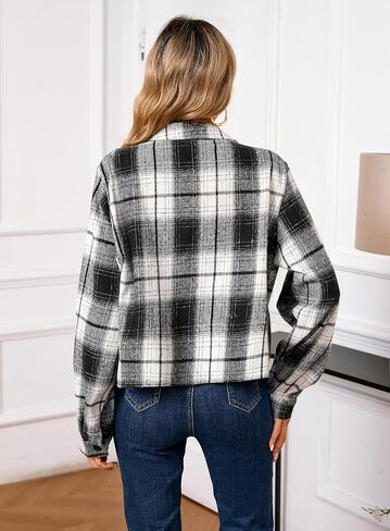 Shawnda Women's Flannel Shacket Cropped Jacket Fashion Plaid Button Down Shirt Jacket Tops in Saudi Arabia